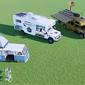 Various Types of Recreational Vehicles with Solar Panels at Grass Camping Site and Camping Gear
