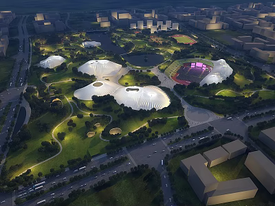 Modern Park Landscape With White Dome Structures Purple Illuminated Building Green Lawns And Urban Paths 3d model