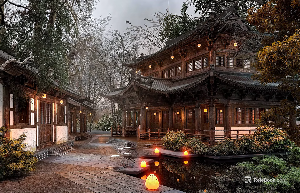 Traditional Chinese Ancient Architecture Courtyard With Pond Hanging Lanterns And Trees 3d model 
