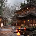 Traditional Chinese Ancient Architecture Courtyard With Pond Hanging Lanterns And Trees