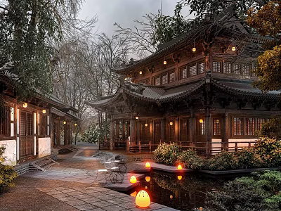 Traditional Chinese Ancient Architecture Courtyard With Pond Hanging Lanterns And Trees 3d model