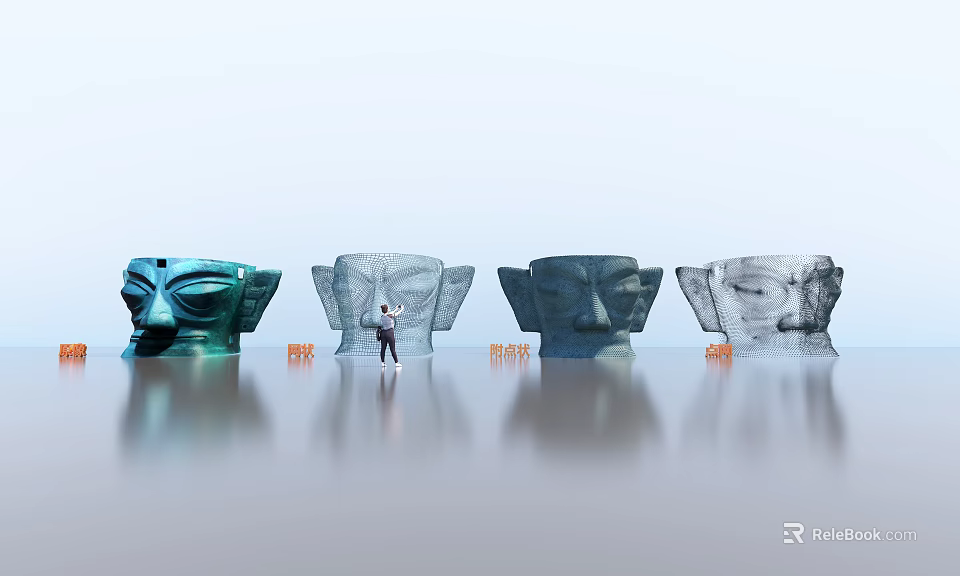 Large Head Sculpture Carvings Featuring Blue Gray Colors Person Standing Orange Chairs and Ground Reflection 3d model 