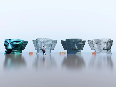 Large Head Sculpture Carvings Featuring Blue Gray Colors Person Standing Orange Chairs and Ground Reflection 3d model