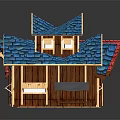 Cartoon Scene Featuring Multiple Colorful Wooden Houses Red Blue Roofs And Windows
