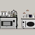 Modern Kitchen Storage Shelves With Toaster Coffee Maker Kettle Oven And Microwave Appliances