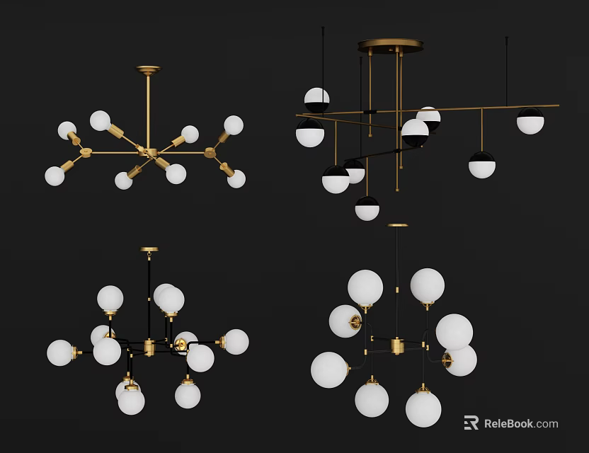 Modern Chandeliers with Golden Metal Frames and White Spherical Bulbs for Interior Decor 3d model 