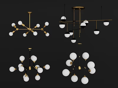 Modern Chandeliers with Golden Metal Frames and White Spherical Bulbs for Interior Decor 3d model