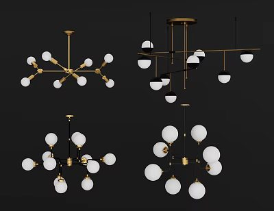 Modern Chandeliers with Golden Metal Frames and White Spherical Bulbs for Interior Decor 3d model