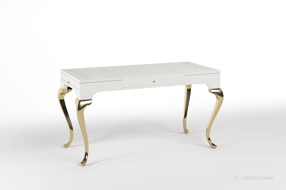 Elegant White Dressing Table With Golden Curved Legs And Smooth Surface 3d model 