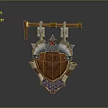 Decorative Shield With Wooden Panel Metal Accents Red Gem And Ornate Emblem