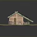 Traditional Wooden House With Green Grass Roof Wooden Door Firewood Stack Fence And Barrel