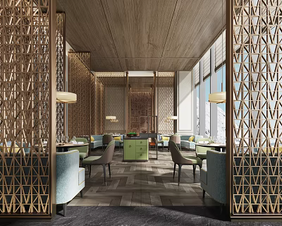 Elegant Restaurant Interior With Wooden Ceiling Geometric Partitions Green Counter And Blue Seats 3d model