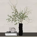 Modern Minimalist Decorative Ornament Set With Black Vase Green Foliage And White Spherical Ornament