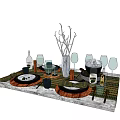 Elegant Tableware Set with Wooden Plates Glassware and Decorative Branches on Table 3d model