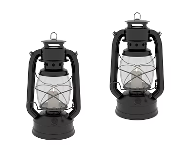 Two Black Vintage Kerosene Lanterns With Metal Frame And Glass Shade 3d model