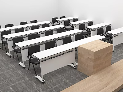 School Classroom Interior Featuring Rows Of Desks Chairs And Wooden Teaching Podium 3d model
