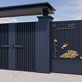 Dark Blue Entrance Gate With Golden Lotus Fish Patterns Side Pillars And Top Beam Design