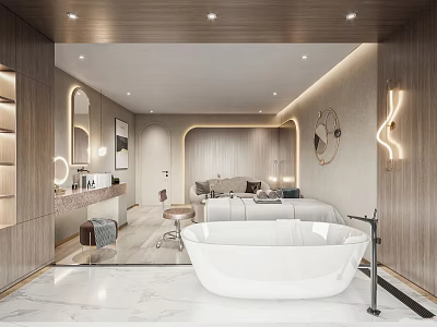 Luxurious SPA Sauna Interior With Modern Wooden Decor White Bathtub And Soft Lighting 3d model