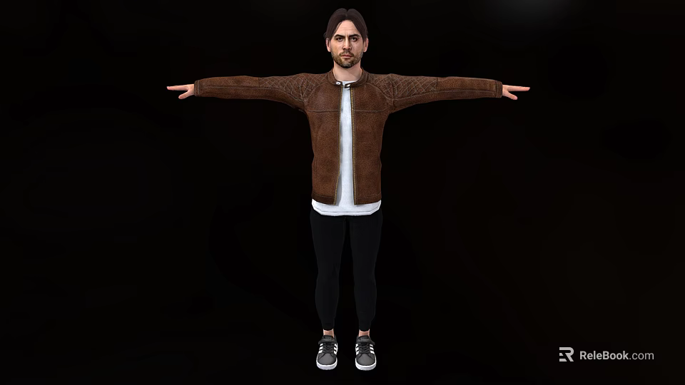Man In Brown Leather Jacket White Inner Shirt Black Pants Arms Outstretched On Black Background 3d model 