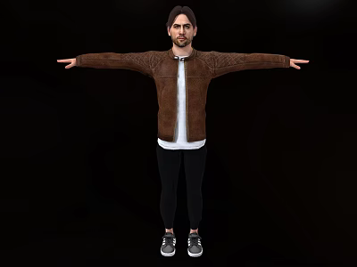 Man In Brown Leather Jacket White Inner Shirt Black Pants Arms Outstretched On Black Background 3d model