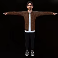 Man In Brown Leather Jacket White Inner Shirt Black Pants Arms Outstretched On Black Background
