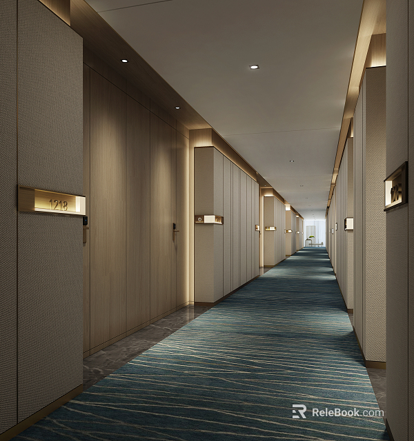 Elegant Hotel Corridor Interior With Wooden Walls Blue Striped Carpet And Recessed Lights 3d model 