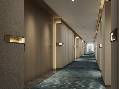 Elegant Hotel Corridor Interior With Wooden Walls Blue Striped Carpet And Recessed Lights 3d model
