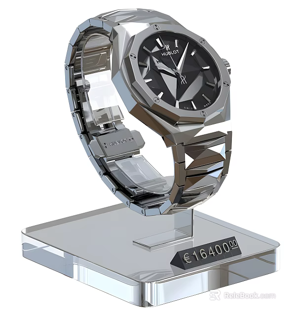Luxury Modern Wristwatch With Stainless Steel Band On Acrylic Display Stand 16400 Euro Price 3d model 