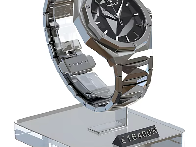 Luxury Modern Wristwatch With Stainless Steel Band On Acrylic Display Stand 16400 Euro Price 3d model