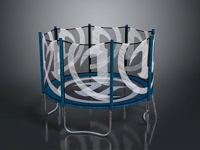 Round Trampoline With Blue Frame White Net Enclosure And Safety Design For Kids 3d model