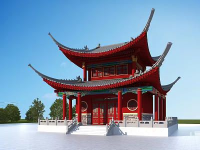 Ancient Traditional Chinese Architecture with Red Curved Eaves Decorative Pillars Green Trees and Blue Sky 3d model