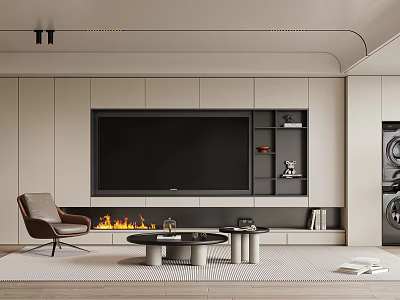 Modern TV Wall In Living Room With Fireplace And Cabinets 3d model