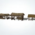 Traditional Rustic Wooden Buildings With Thatched Roofs And Cross In Village Scene