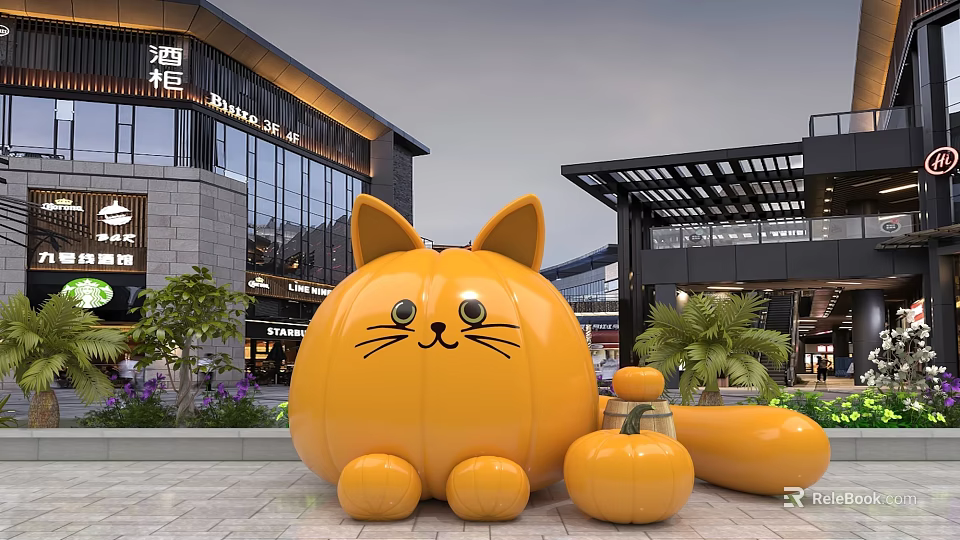Giant Pumpkin Cat Sculpture At Modern Shopping Mall With Small Pumpkins And Greenery 3d model 