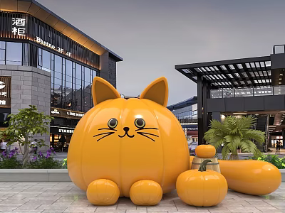 Giant Pumpkin Cat Sculpture At Modern Shopping Mall With Small Pumpkins And Greenery 3d model