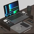 Laptop On Wooden Desk With Stand Coffee Cup Earbuds Smartphone And Mouse
