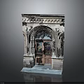 Classic Architectural Door Frame With Arched Glass Panels Carved Details And Wall Lamps