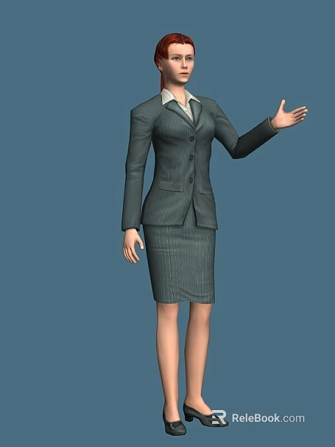 Professional Business Woman in Striped Suit Skirt Gesturing with Extended Hand on Blue Background 3d model 