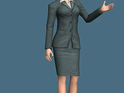 Professional Business Woman in Striped Suit Skirt Gesturing with Extended Hand on Blue Background 3d model