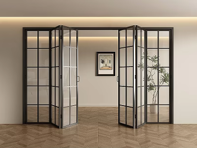 Glass Folding Doors with Black Frame in Modern Interior Space with Wooden Floor 3d model