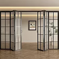 Glass Folding Doors with Black Frame in Modern Interior Space with Wooden Floor