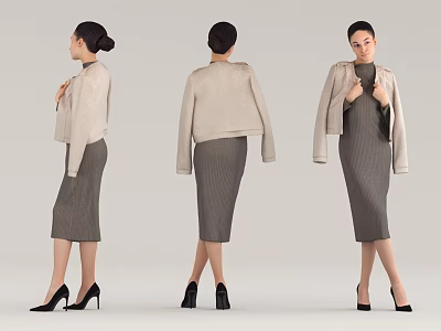 Woman In Beige Cropped Jacket And Gray Dress With Black High Heels From Multiple Angles 3d model