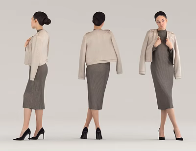 Woman In Beige Cropped Jacket And Gray Dress With Black High Heels From Multiple Angles 3d model