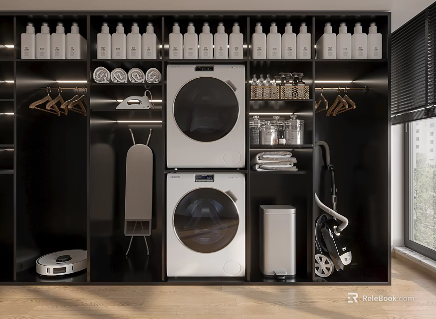 Modern Bathroom Storage Cabinet With Washing Machine Dryer Vacuum And Cleaning Supplies 3d model 