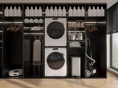 Modern Bathroom Storage Cabinet With Washing Machine Dryer Vacuum And Cleaning Supplies 3d model