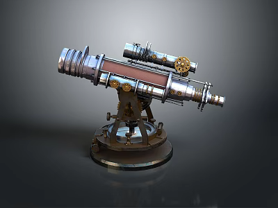 Vintage Metal Telescope Viewing Scenic Natural Landscape With Distant Hills And Clear Sky 3d model