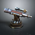 Vintage Metal Telescope Viewing Scenic Natural Landscape With Distant Hills And Clear Sky