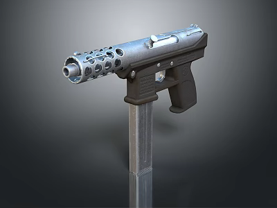 Tactical Pistol With Metallic Silver Body Black Grip And Multiple Holes Design 3d model