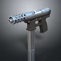 Tactical Pistol With Metallic Silver Body Black Grip And Multiple Holes Design