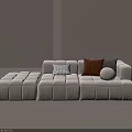 Minimalist Cream Colored Modular Three Seater Sofa with Plaid Brown Gray Pillows and Round Cushion